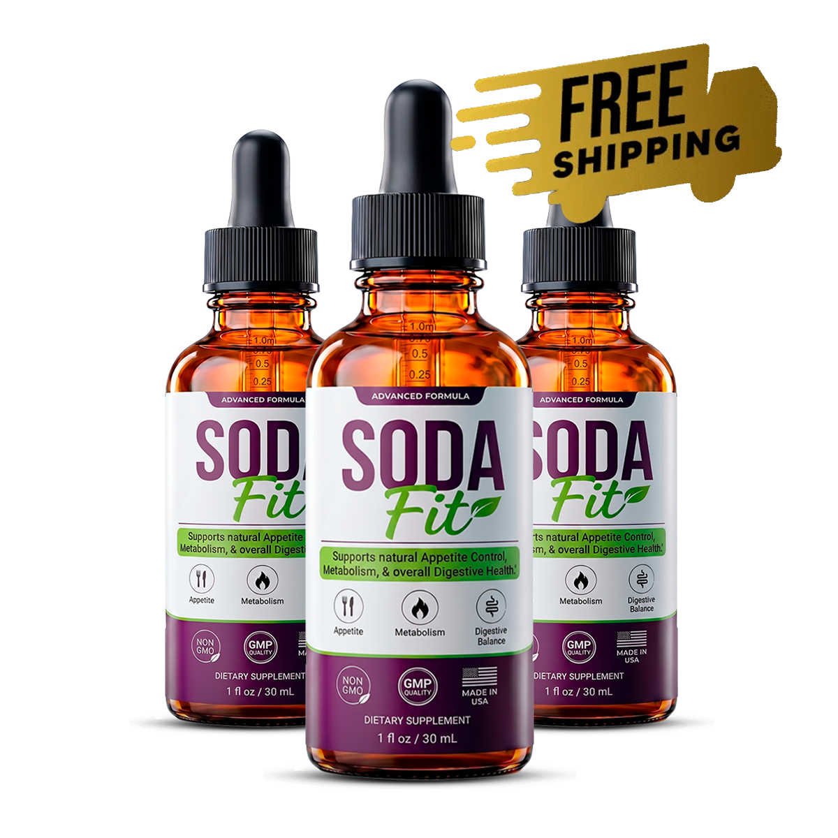 Three SodaFit bottles with free shipping badge